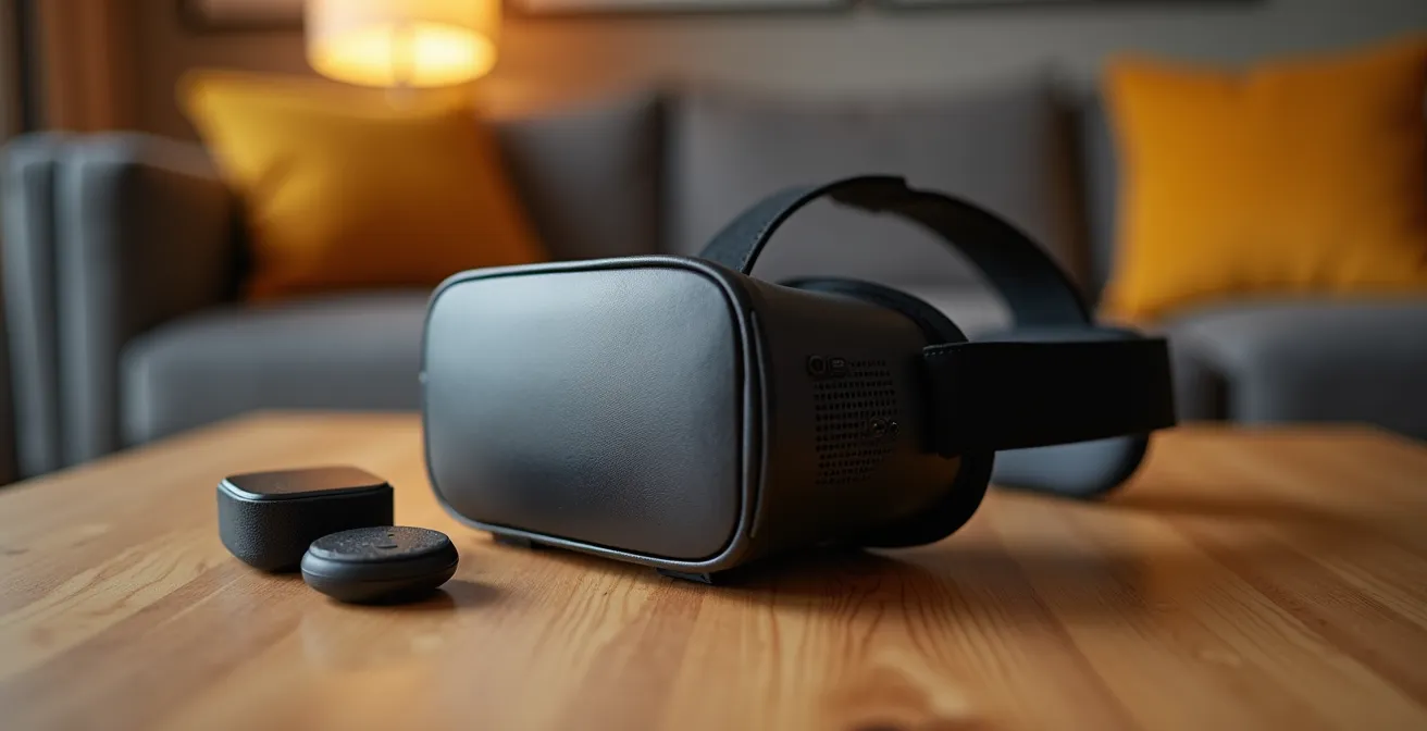 Gros plan sur accessoires de confort pour casque VR disposés sur table