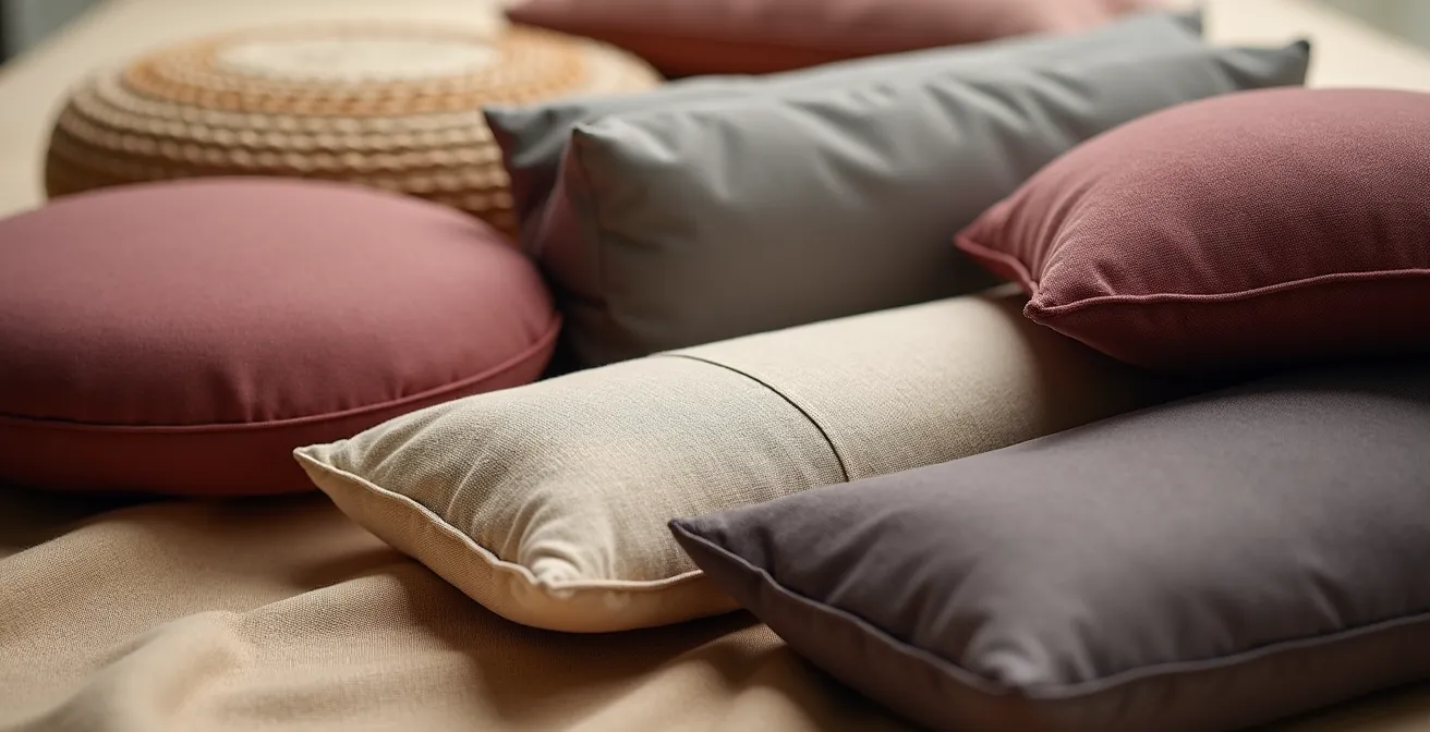 Gros plan sur différents coussins et supports de méditation disposés harmonieusement