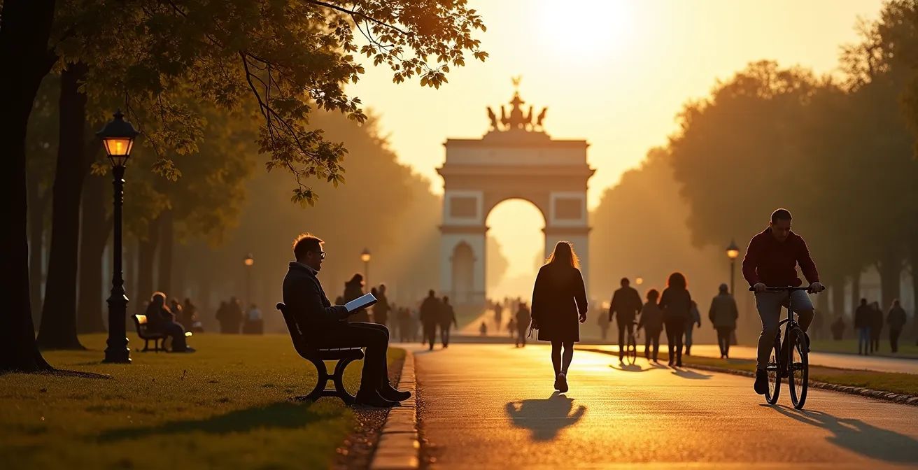 Personnes pratiquant des activités comme la lecture ou la pétanque dans le parc du Cinquantenaire à Bruxelles pour remplacer le temps d'écran.
