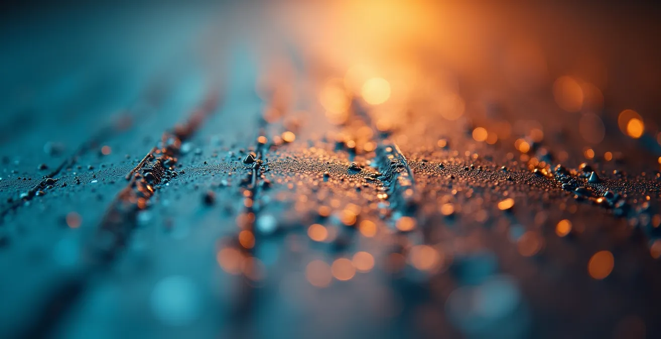 Vue macro d'une surface avec des flux d'information organisés représentés par des lignes et des patterns abstraits