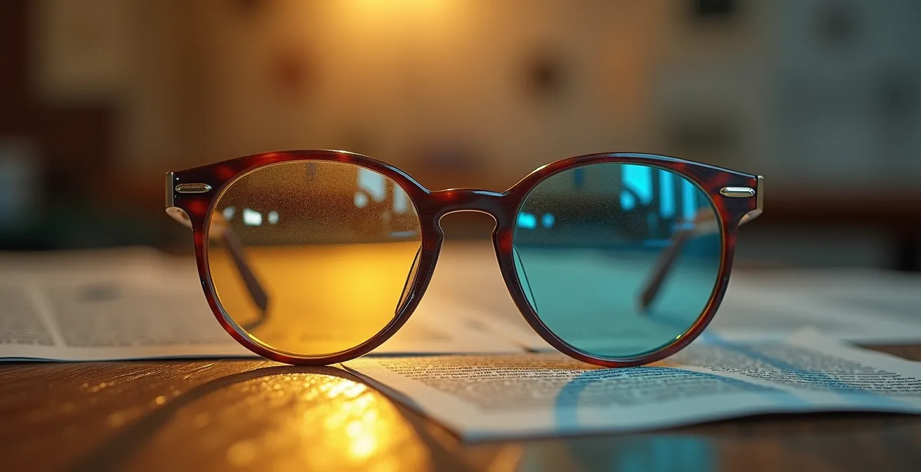 Métaphore visuelle du biais de confirmation avec des lunettes déformant la réalité, sur fond de journaux belges flous.