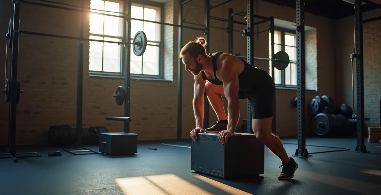 Personne effectuant un box squat dans une salle de sport belge avec banc réglable