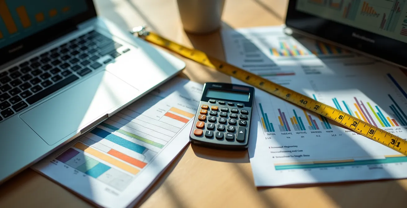 Vue aérienne d'un bureau avec calculatrice, factures et ordinateur portable pour le calcul des frais de télétravail