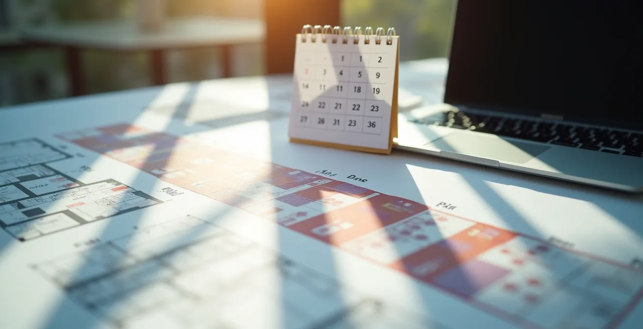 Vue minimaliste d'un bureau avec calendrier et documents de location de kots étudiants