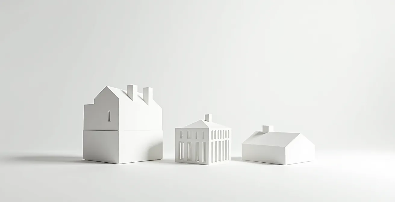 Graphique comparatif des taux d'imposition entre régions belges, symbolisés par des modèles architecturaux distincts.
