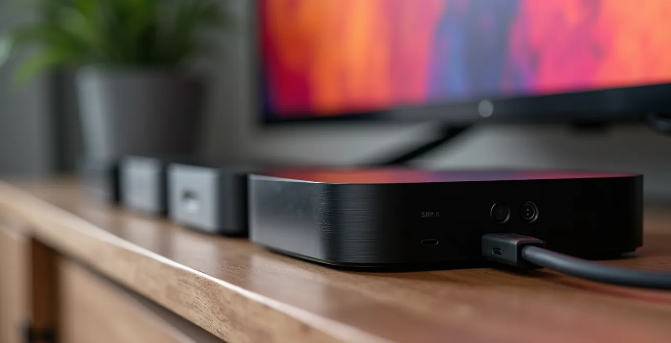 Gros plan sur une configuration de salon avec appareils de streaming et télévision moderne