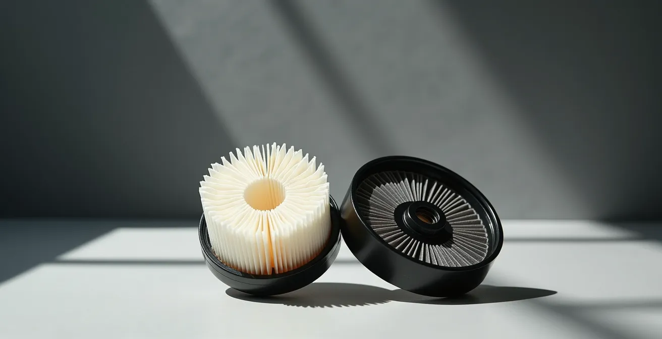 Coupe comparative de deux filtres à huile montrant la différence de densité du média filtrant