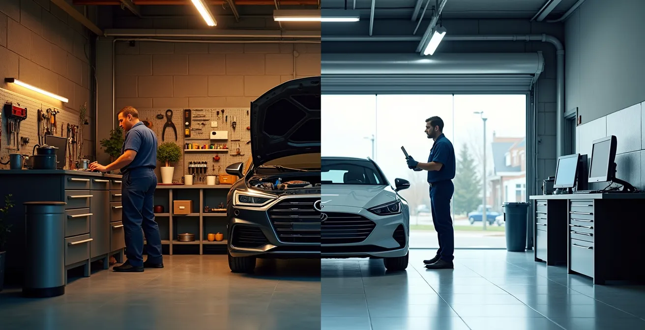 Vue intérieure comparative between un garage indépendant belge chaleureux et un concessionnaire moderne avec équipements diagnostiques