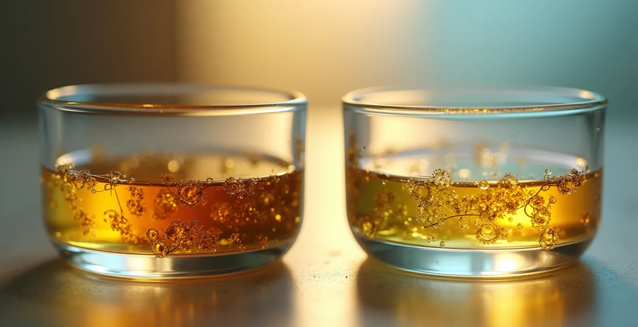 Comparaison visuelle entre huile minérale et synthétique pour moteur citadine