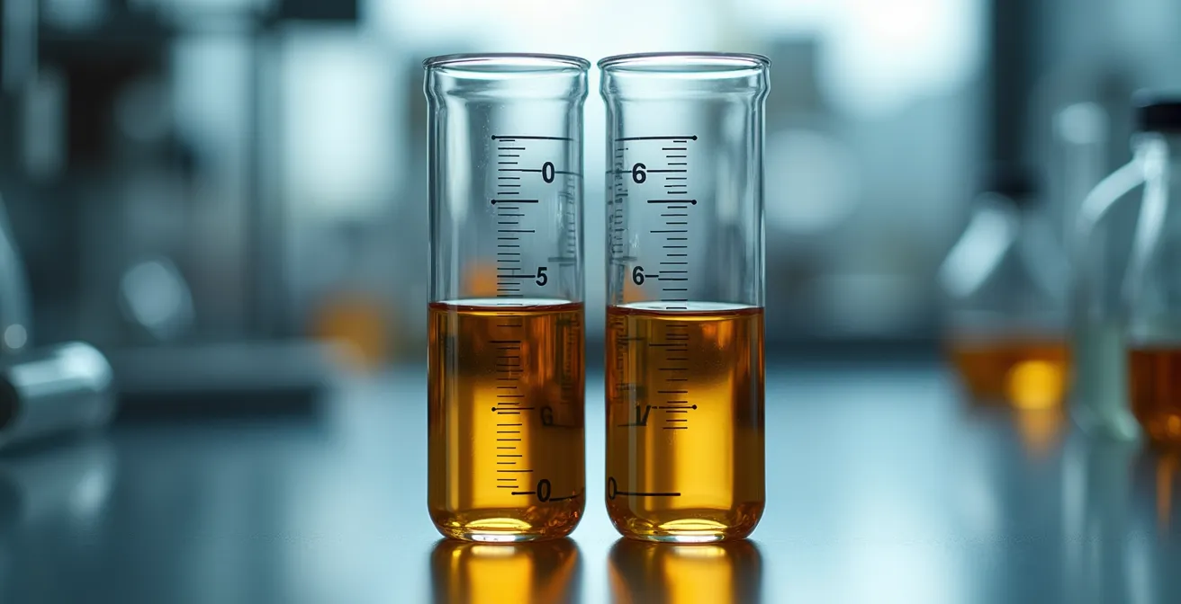 Deux éprouvettes de laboratoire contenant des liquides de frein de couleurs différentes sur fond technique