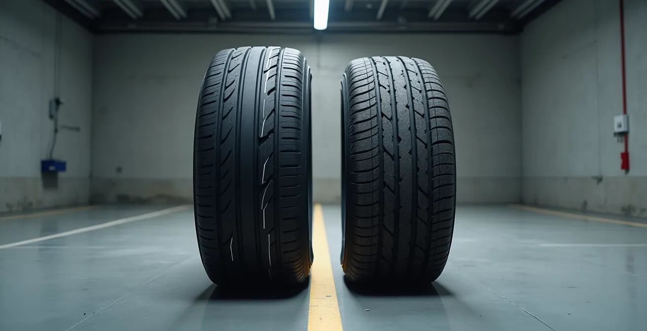 Comparaison visuelle entre un pneu neuf et un pneu usé prématurément par un défaut de géométrie