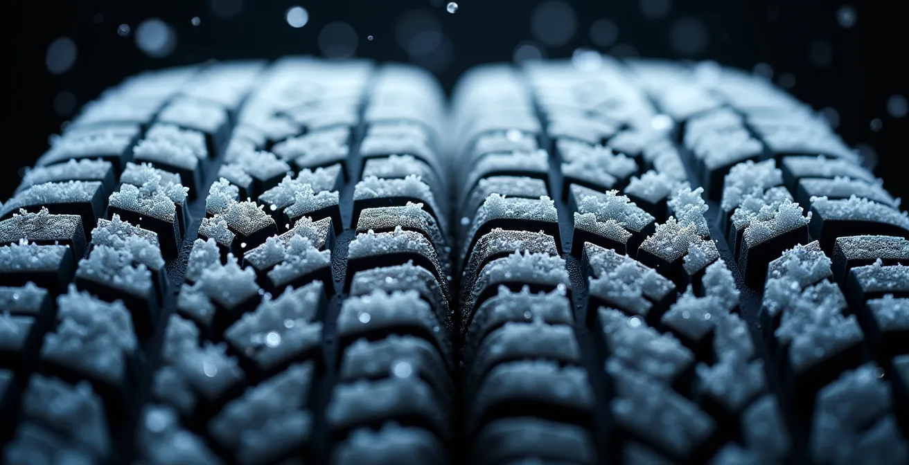 Détail macro des sculptures d'un pneu 4 saisons versus un pneu hiver