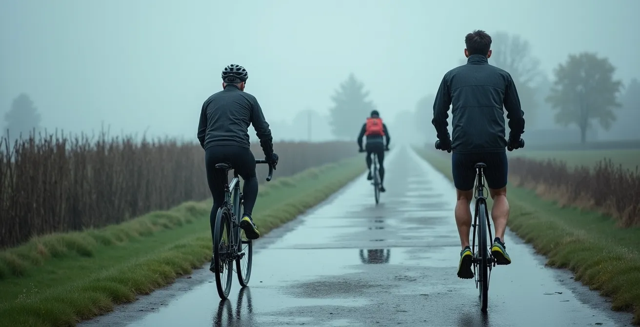 Vue large montrant différents sportifs sur un chemin RAVeL belge sous la pluie