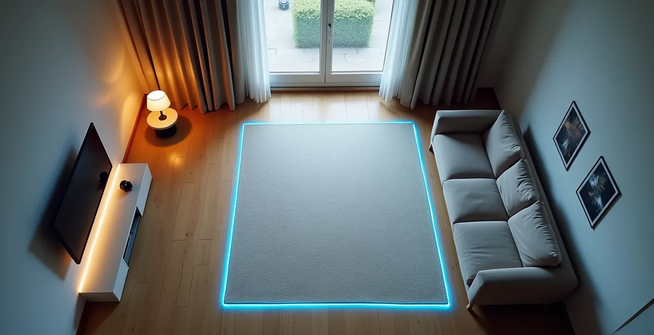 Vue aérienne d'un salon belge avec tapis central et zone Guardian délimitée