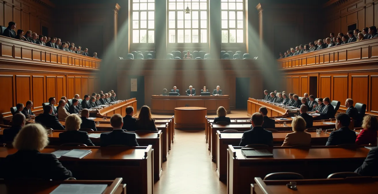 Vue large d'une salle de conseil communal belge avec des citoyens participant activement depuis la galerie publique.