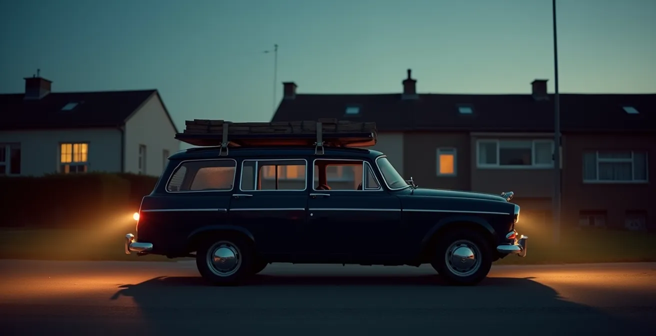 Vue latérale d'une voiture avec coffre chargé montrant l'angle des phares pointant vers le haut