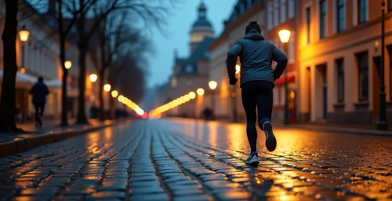 Coureur prudent sur les pavés mouillés de Bruxelles en soirée d'hiver