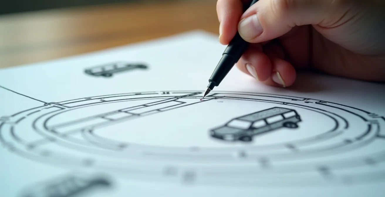 Main dessinant un croquis détaillé d'accident en rond-point sur un constat