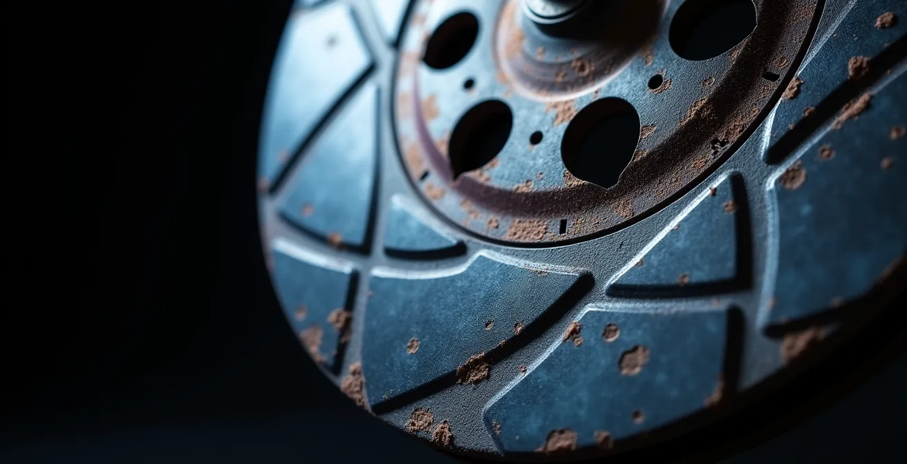 Vue macro d'un disque de frein fortement rayé et endommagé par des plaquettes usées