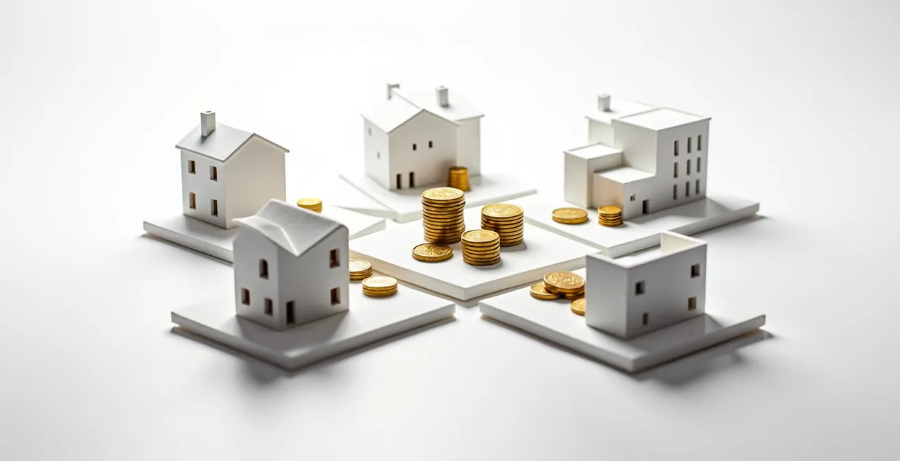 Composition visuelle montrant cinq types de projets immobiliers belges différents avec des pièces d'euro symbolisant la répartition d'investissement