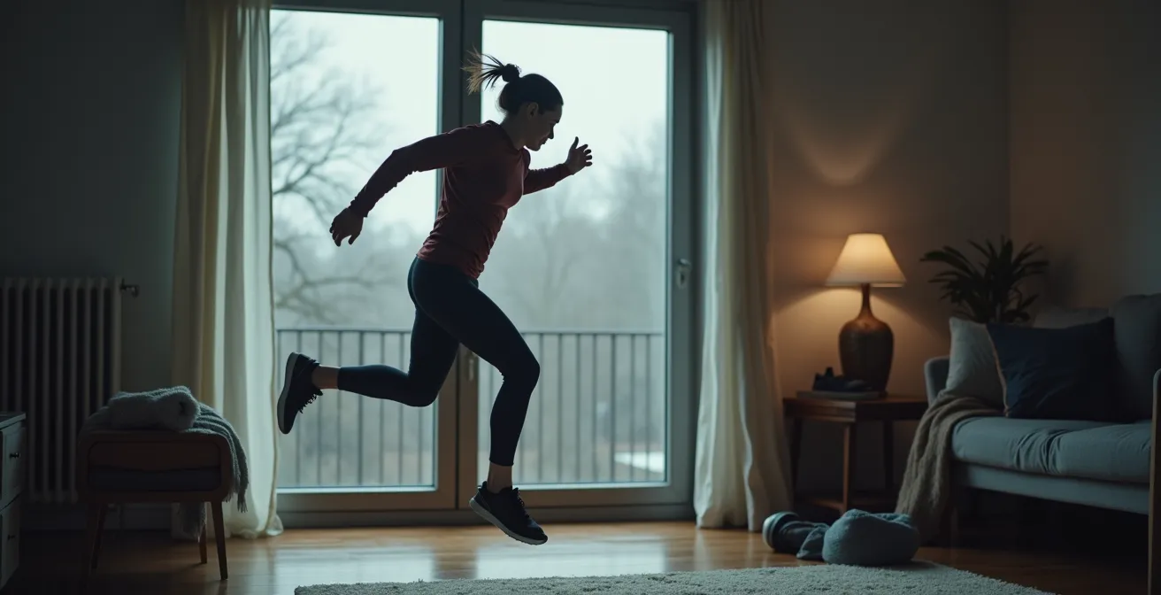 Personne effectuant des exercices d'échauffement dynamiques à l'intérieur avant de courir