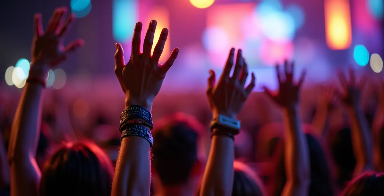 Foule de festivaliers les bras levés profitant d'un concert, vue de dos avec scène floue au loin