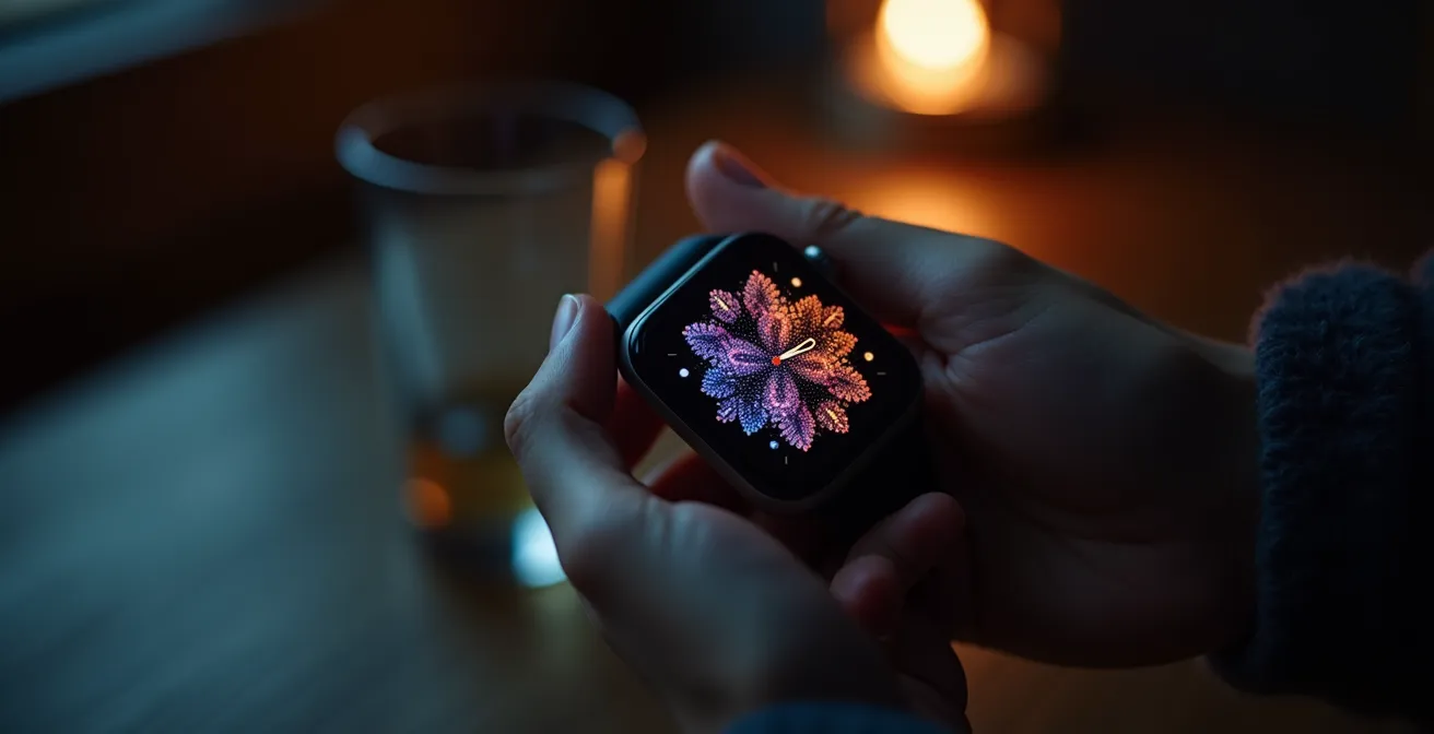 Main tenant une montre connectée affichant des courbes abstraites symbolisant une faible récupération nocturne, avec un verre vide en arrière-plan.