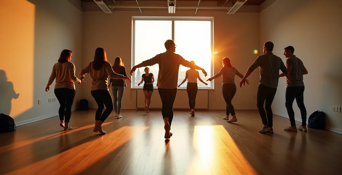 Adultes en cercle pratiquant des exercices d'improvisation théâtrale dans une ambiance détendue après le travail.