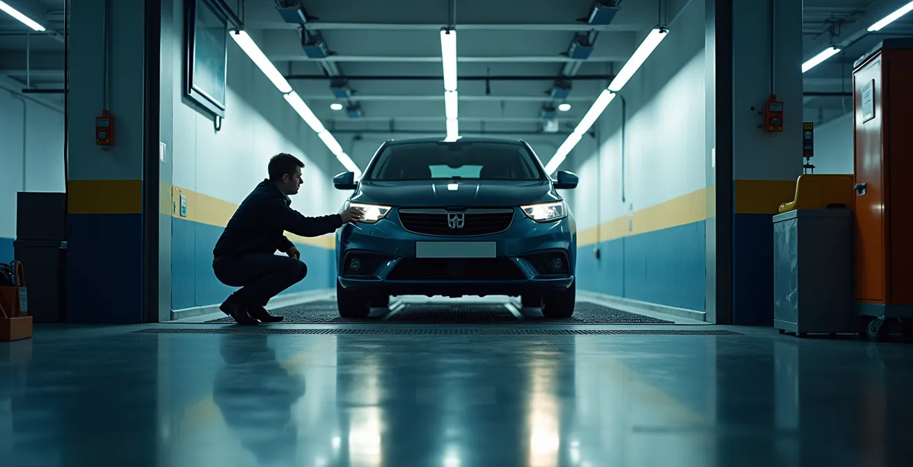 Vue large d'un véhicule en station de contrôle technique avec inspecteur vérifiant les roues