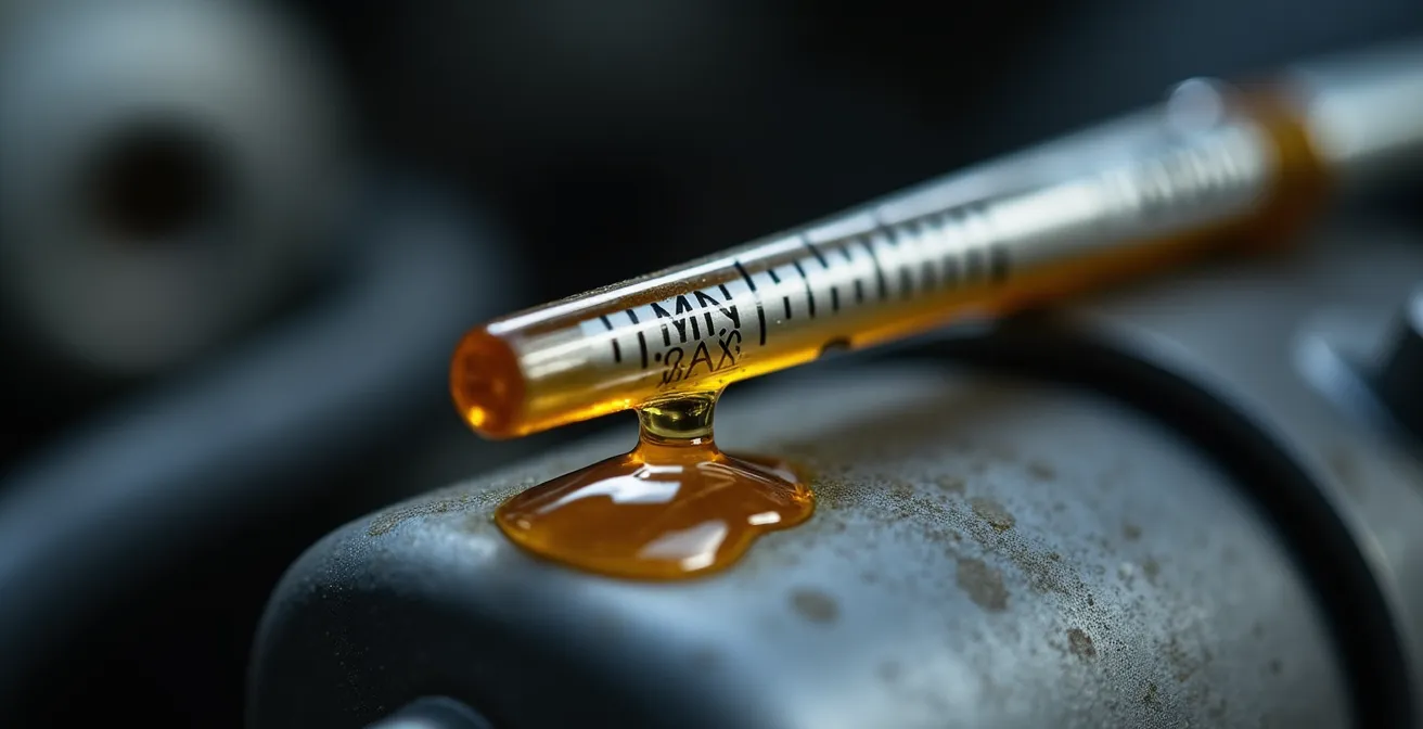 Gros plan sur une jauge d'huile montrant les repères MIN et MAX avec une goutte d'huile dorée