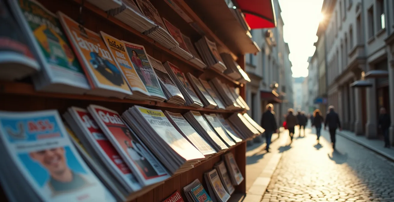 Kiosque à journaux traditionnel avec journaux belges exposés près de la Grand-Place de Bruxelles