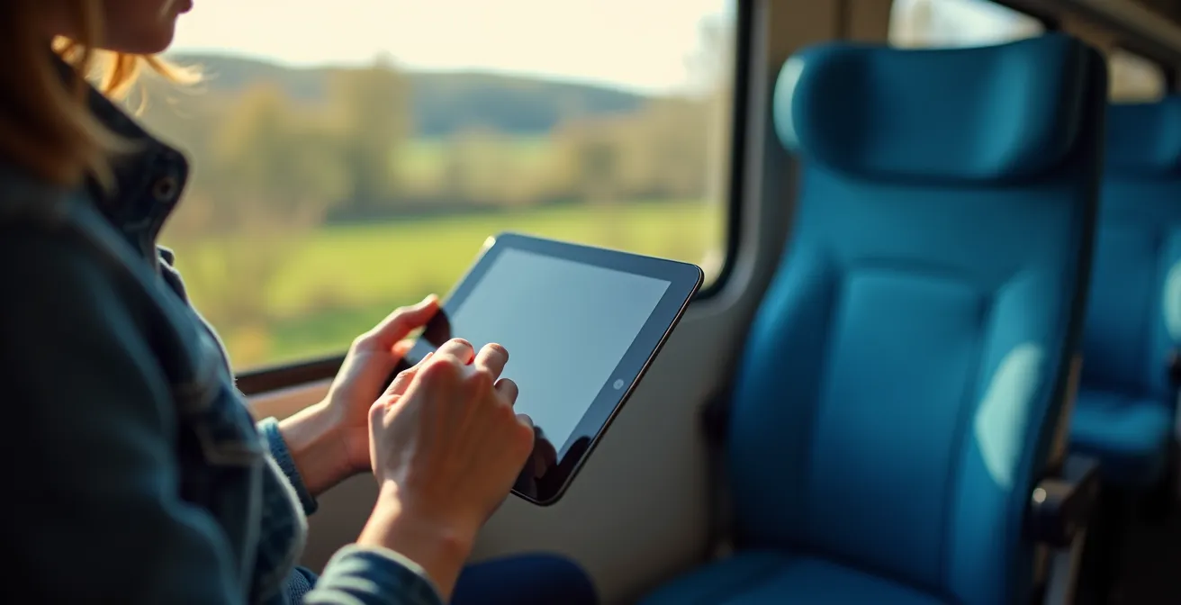 Passager consultant un journal numérique sur tablette dans un train SNCB