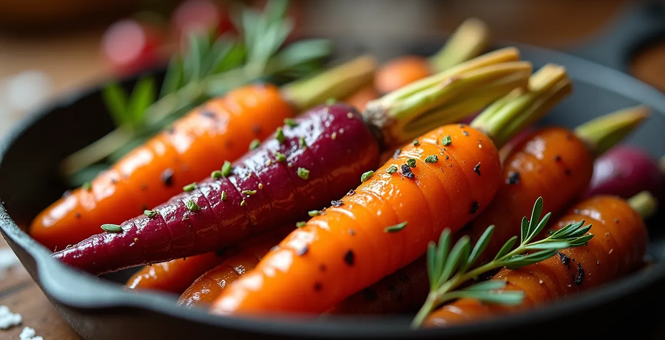 Légumes racines colorés rôtis au four dans une cuisine familiale belge
