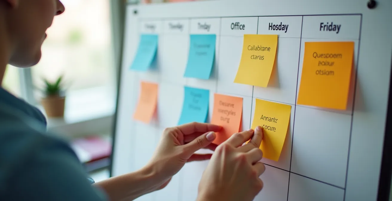 Tableau de planification hebdomadaire avec codes couleurs pour tâches présentielles et distancielles