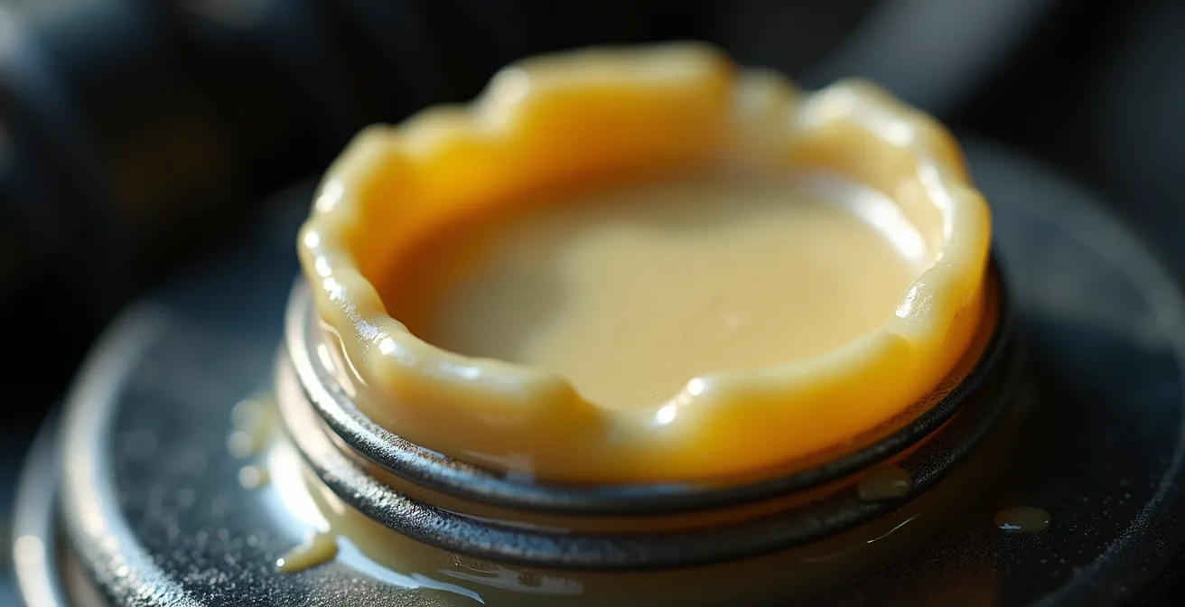 Émulsion d'huile et d'eau visible sous un bouchon de remplissage d'huile