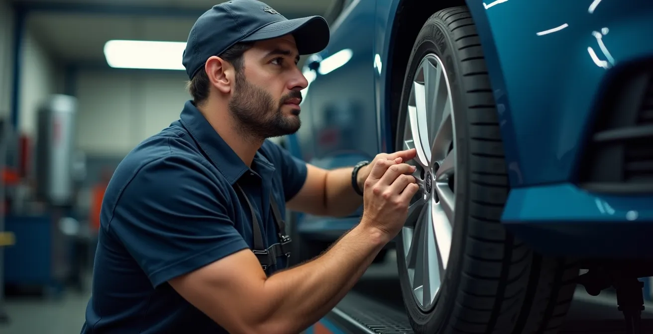 Mécanicien effectuant un réglage de géométrie sur un banc moderne dans un garage belge