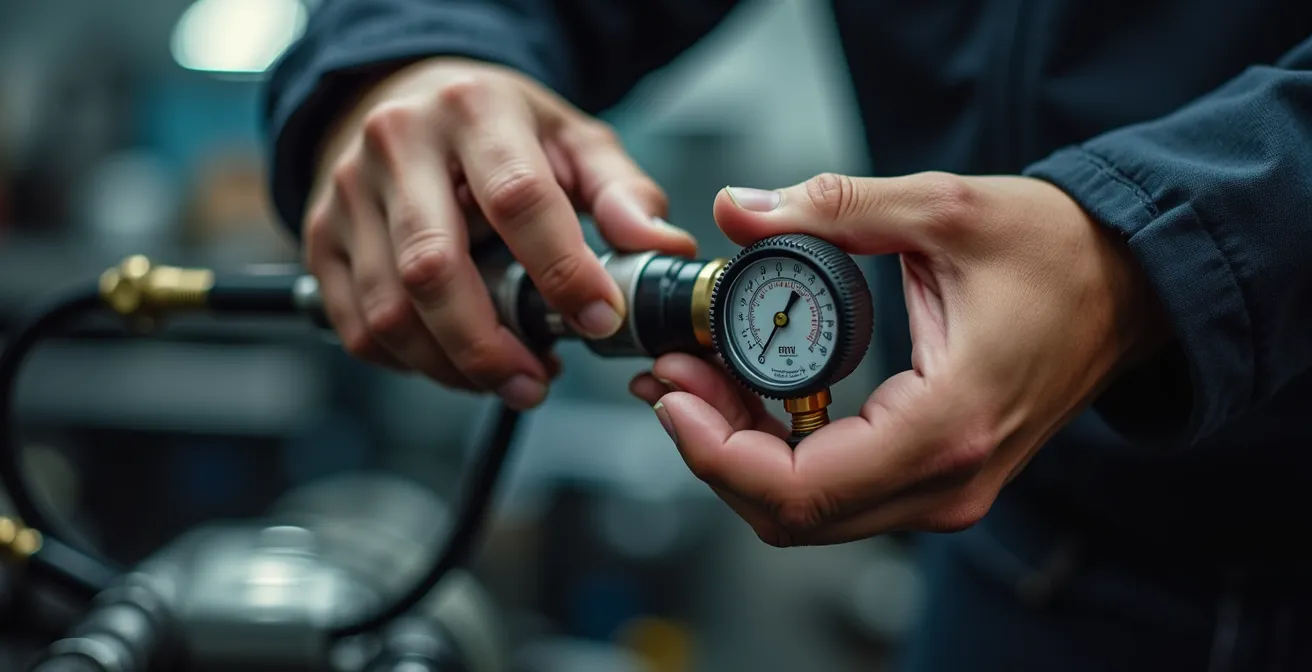 Mécanicien professionnel effectuant une purge de frein avec équipement spécialisé dans un garage