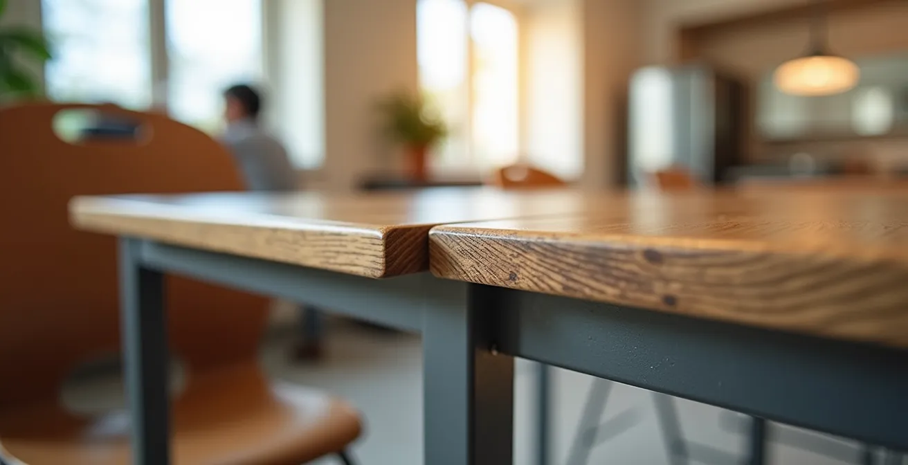 Gros plan sur du mobilier résistant avec surfaces en stratifié et structure métallique dans un kot étudiant