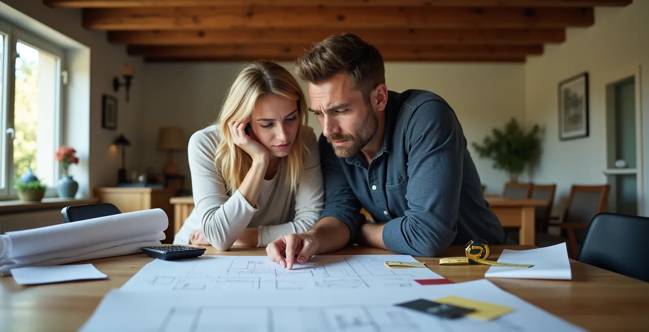 Intérieur d'une maison flamande avec certificat PEB affiché et plans de rénovation sur table