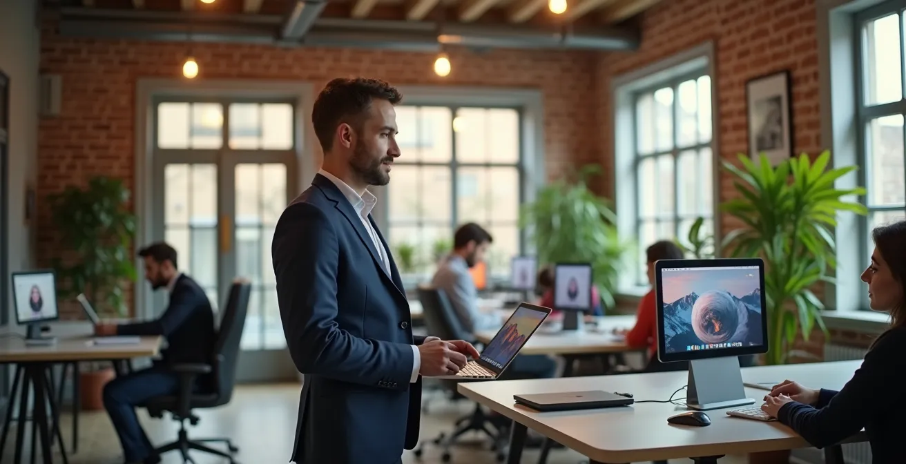 Professionnel belge travaillant sur son profil LinkedIn dans un espace de coworking