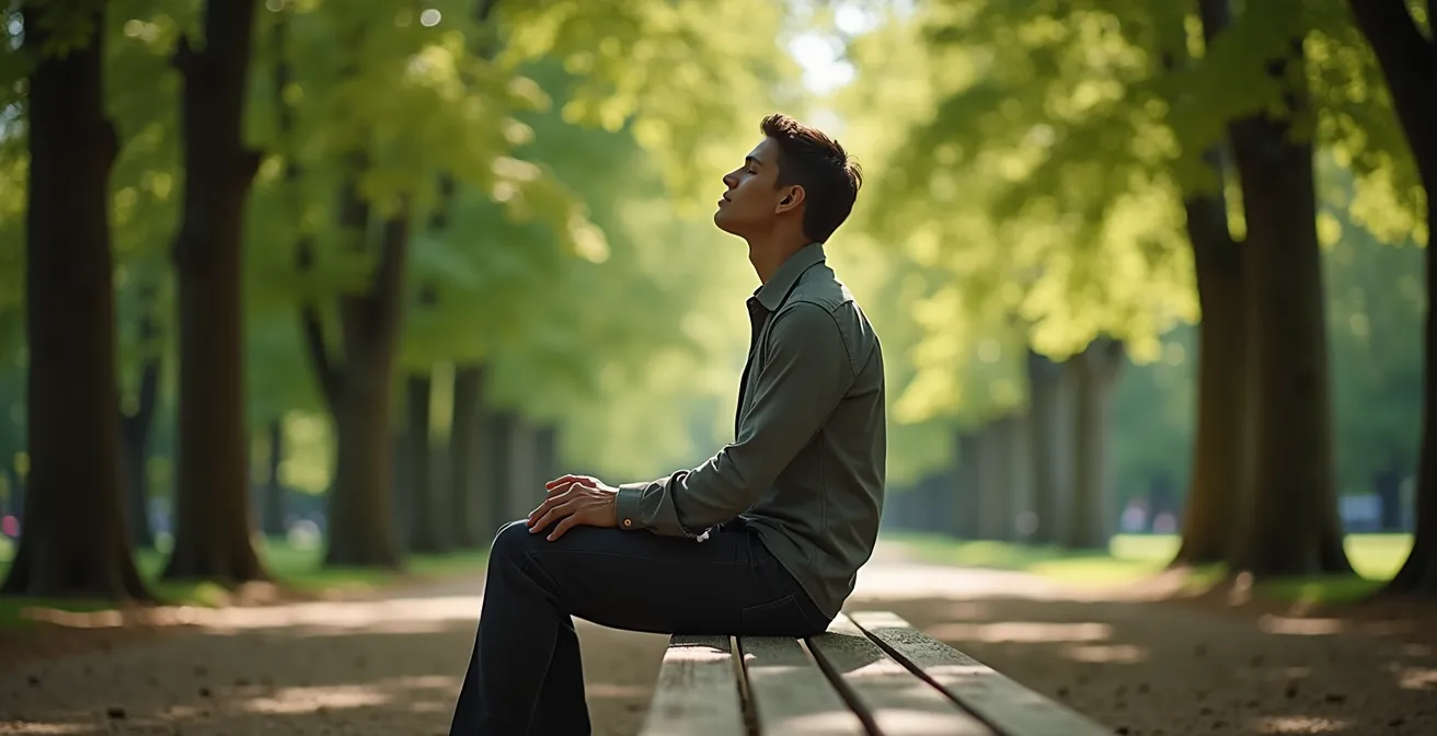 Personne méditant dans le Parc Royal de Bruxelles avec végétation luxuriante en arrière-plan