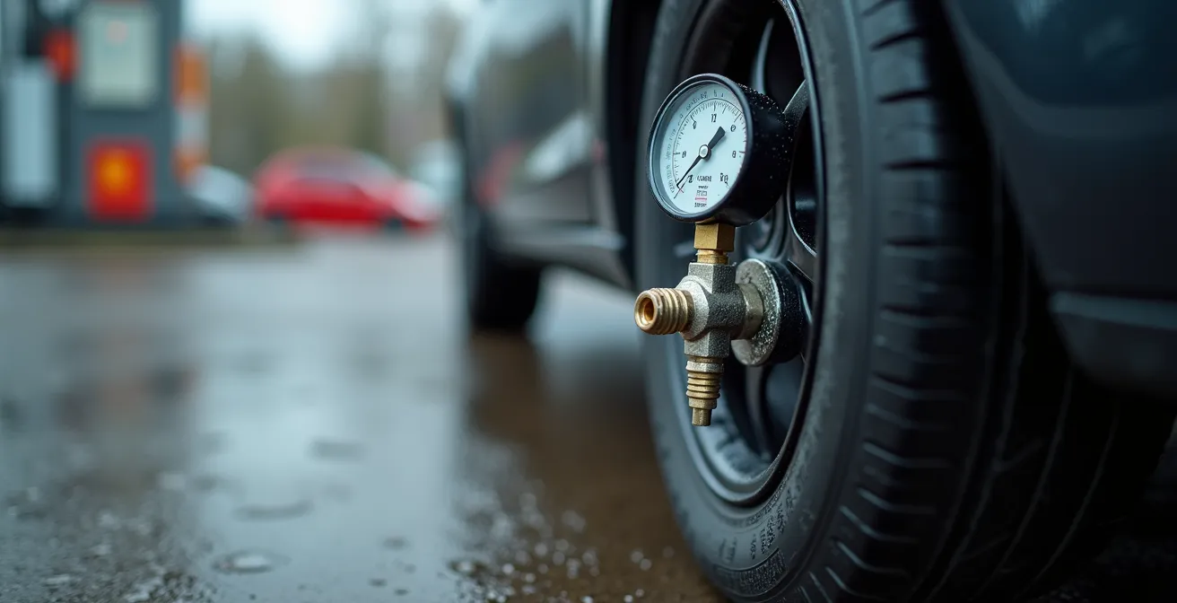 Vue macro détaillée d'une valve de pneu avec manomètre professionnel