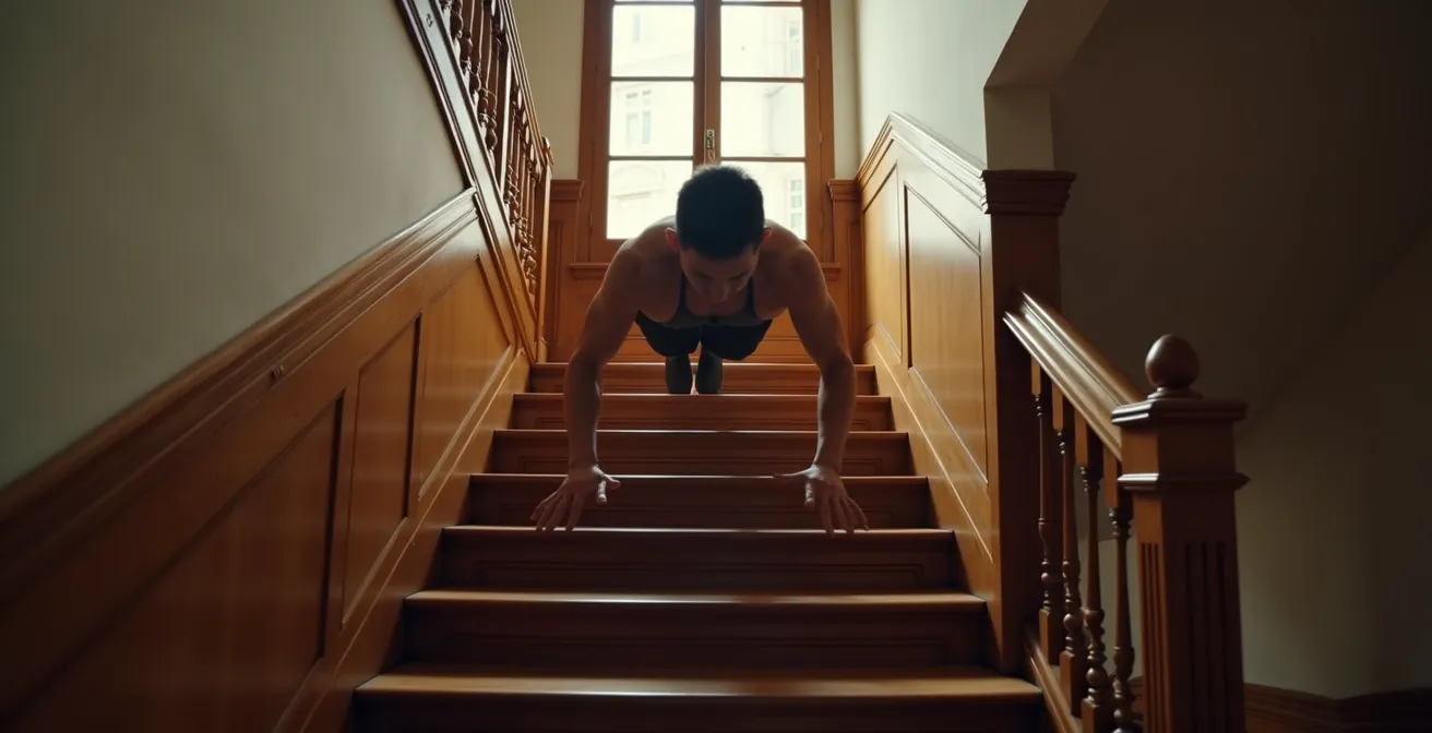 Vue latérale d'une personne utilisant les marches d'un escalier pour réaliser des pompes inclinées progressives