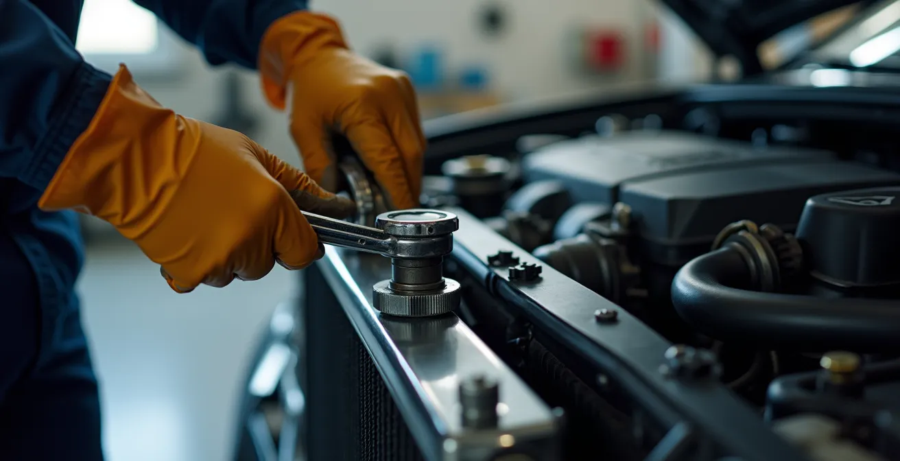 Mains de mécanicien desserrant une vis de purge sur un radiateur automobile