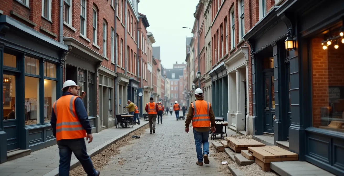 Rue wallonne montrant des bâtiments en rénovation avec échafaudages et façades restaurées
