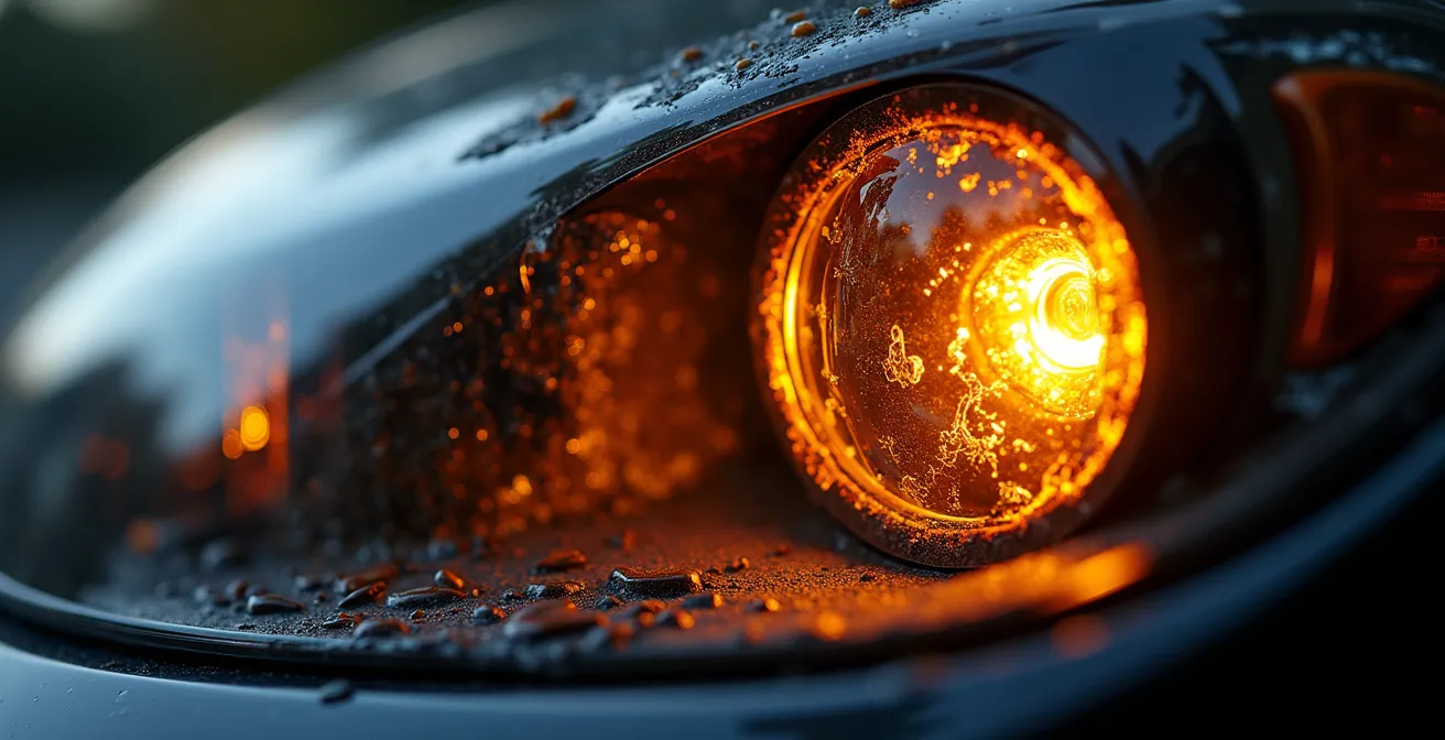 Gros plan sur un réflecteur de phare montrant des traces de surchauffe et de chrome fondu