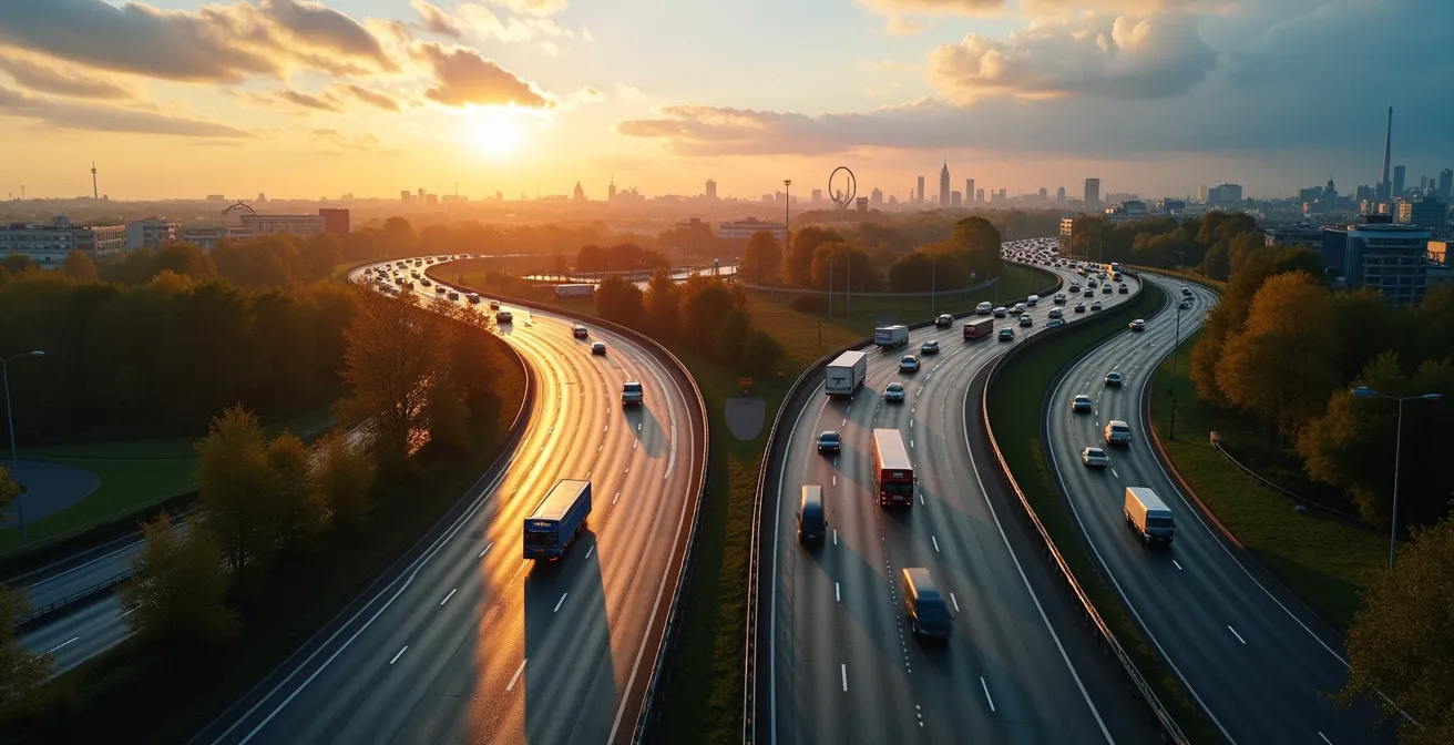Vue aérienne du Ring de Bruxelles avec différents types de circulation fluide et dense