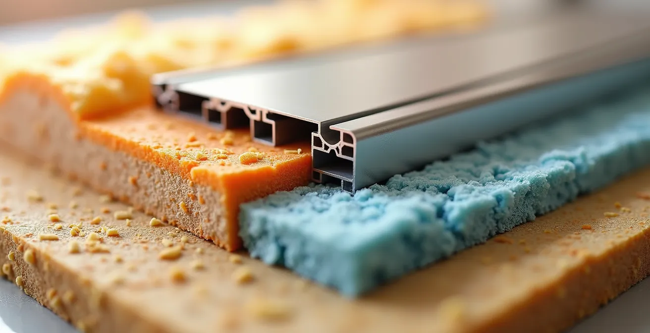 Maison belge typique en cours de rénovation énergétique, avec des couches d'isolant visibles sur la façade.