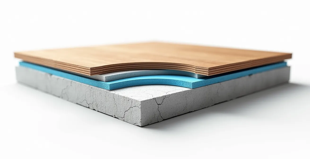 Vue en coupe d'un parquet avec sous-couche isolante visible