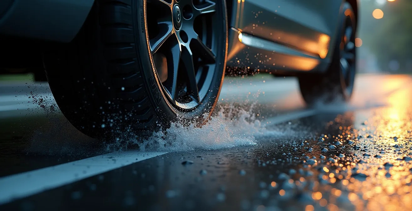 Système ABS en action sur route mouillée avec pneu usé montrant la perte d'adhérence